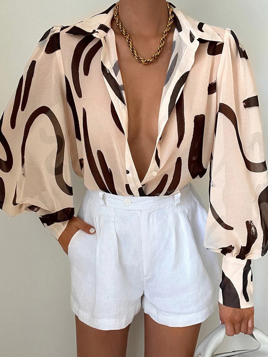 Women's Blouses Printed Lapel Balloon Sleeve Blouse - Blouses - Instastyled | Online Fashion Free Shipping Clothing, Dresses, Tops, Shoes - 16/08/2022 - 30-40 - BLO2208161830