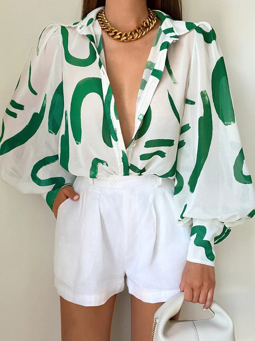 Women's Blouses Printed Lapel Balloon Sleeve Blouse - Blouses - Instastyled | Online Fashion Free Shipping Clothing, Dresses, Tops, Shoes - 16/08/2022 - 30-40 - BLO2208161830