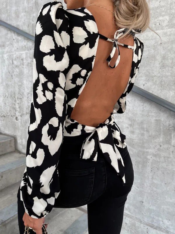 Women's Blouses Printed Open Back Tie Long Sleeves Blouse - Blouses - Instastyled | Online Fashion Free Shipping Clothing, Dresses, Tops, Shoes - 16/09/2022 - BLO2209161873 - Blouses