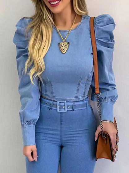 Women's Blouses Puffy Sleeve Denim Long Sleeve Crop Blouse - Blouses - INS | Online Fashion Free Shipping Clothing, Dresses, Tops, Shoes - 13/10/2021 - 20-30 - BLO2110131370