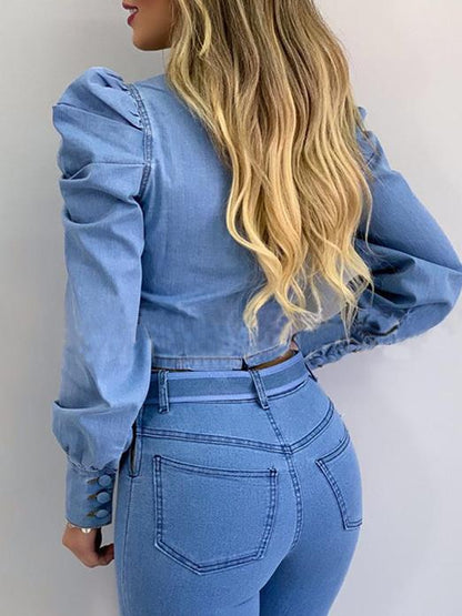 Women's Blouses Puffy Sleeve Denim Long Sleeve Crop Blouse - Blouses - INS | Online Fashion Free Shipping Clothing, Dresses, Tops, Shoes - 13/10/2021 - 20-30 - BLO2110131370