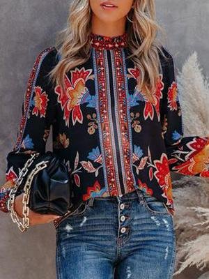 Women's Blouses Retro Print Lantern Long Sleeve Casual Blouse - Blouses - INS | Online Fashion Free Shipping Clothing, Dresses, Tops, Shoes - 09/10/2021 - BLO2110091366 - Blouses