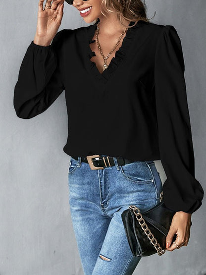 Women's Blouses Ruffle V Neck Loose Long Sleeve Blouse - Blouses - Instastyled | Online Fashion Free Shipping Clothing, Dresses, Tops, Shoes - 13/1/2023 - 20-30 - BLO2301130008