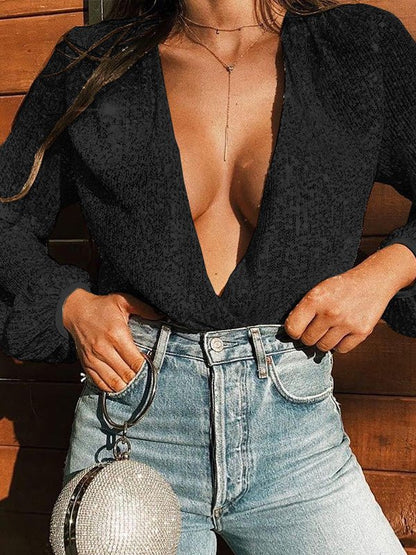 Women's Blouses Sequin Deep V Neck Lantern Long Sleeve Blouse - Blouses - Instastyled | Online Fashion Free Shipping Clothing, Dresses, Tops, Shoes - 02/09/2022 - BLO2209021854 - Blouses