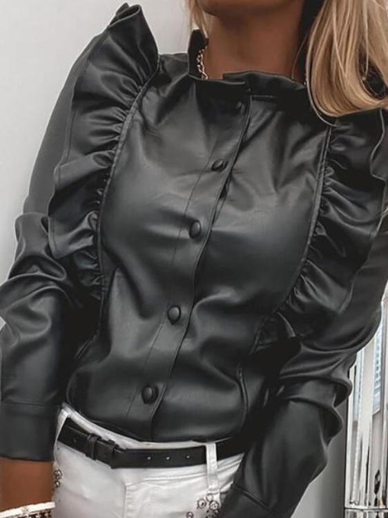 Women's Blouses Single-Breasted Houndstooth Long Sleeve Leather Blouse - Blouses - INS | Online Fashion Free Shipping Clothing, Dresses, Tops, Shoes - 16/11/2021 - 20-30 - BLO2111161435