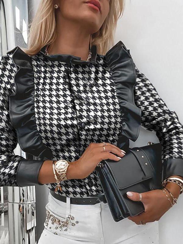 Women's Blouses Single-Breasted Houndstooth Long Sleeve Leather Blouse - Blouses - INS | Online Fashion Free Shipping Clothing, Dresses, Tops, Shoes - 16/11/2021 - 20-30 - BLO2111161435