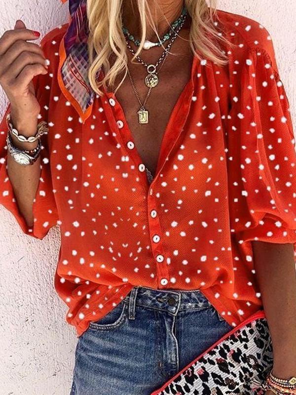 Women's Blouses Snowflake Print V-Neck Button 3/4 Sleeve Blouse - Blouses - INS | Online Fashion Free Shipping Clothing, Dresses, Tops, Shoes - 03/11/2021 - 10-20 - BLO2111031405