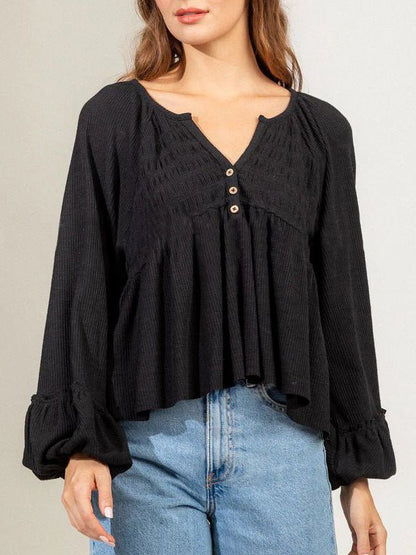 Women's Blouses Solid Button Balloon Sleeve Knit Blouse - Blouses - Instastyled | Online Fashion Free Shipping Clothing, Dresses, Tops, Shoes - 19/09/2022 - BLO2209191880 - Blouses