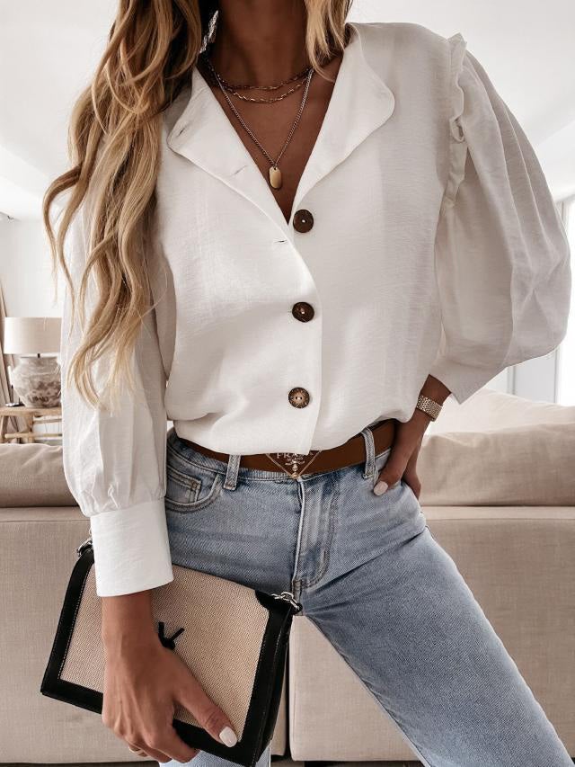 Women's Blouses Solid Button Wood Ear Long Sleeve Blouse - Blouses - Instastyled | Online Fashion Free Shipping Clothing, Dresses, Tops, Shoes - 17/01/2022 - 30-40 - BLO2201171547