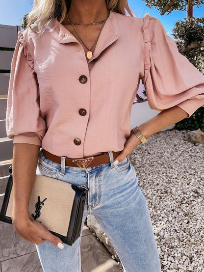 Women's Blouses Solid Button Wood Ear Long Sleeve Blouse - Blouses - Instastyled | Online Fashion Free Shipping Clothing, Dresses, Tops, Shoes - 17/01/2022 - 30-40 - BLO2201171547