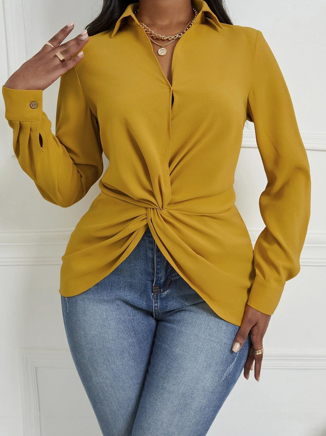 Women's Blouses Solid Lapel Knotted Long Sleeve Blouse - Blouses - Instastyled | Online Fashion Free Shipping Clothing, Dresses, Tops, Shoes - 14/03/2022 - 30-40 - BLO2203141626