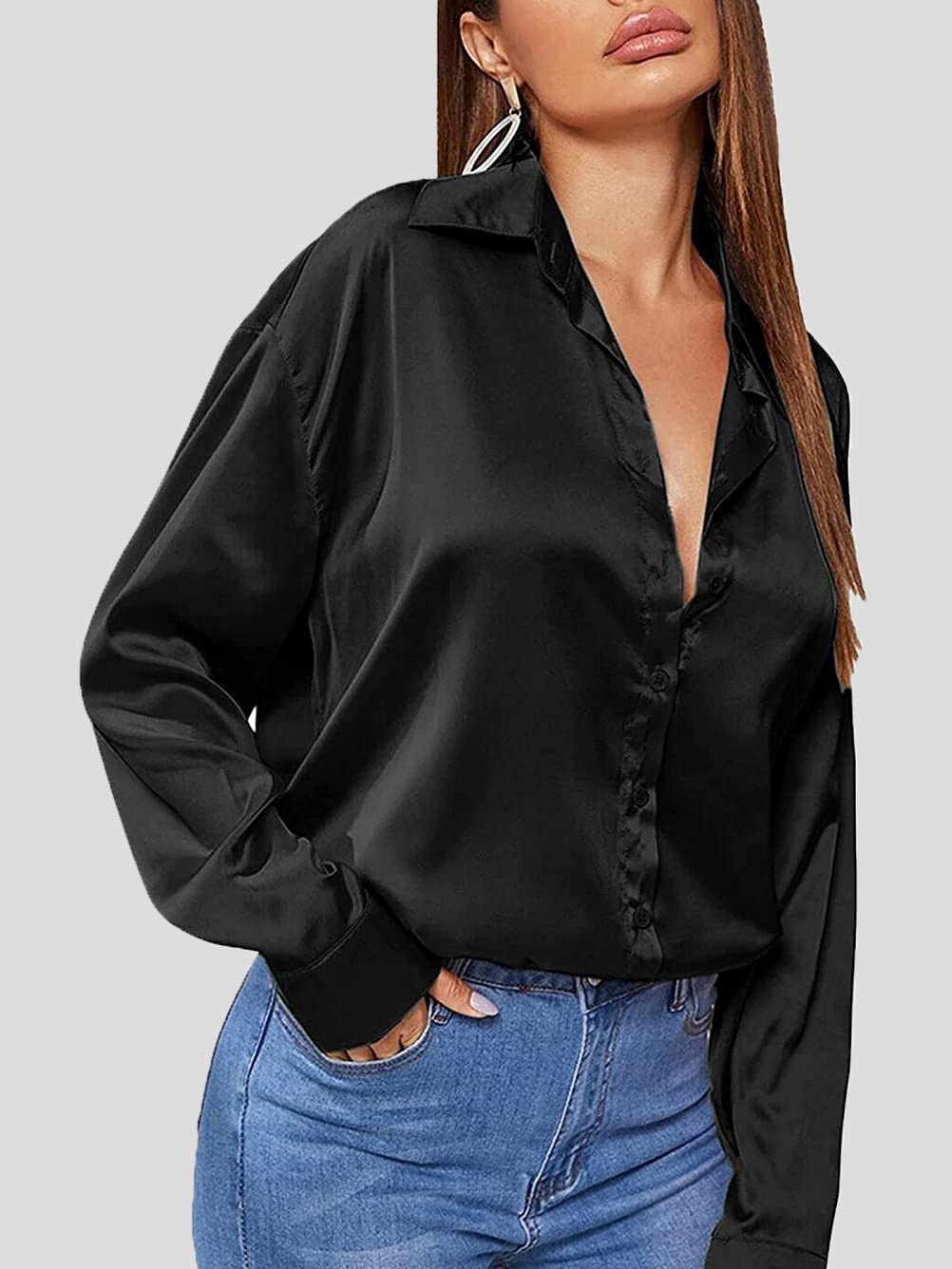 Women's Blouses Solid Satin POLO Neck Long Sleeve Blouse - Blouses - Instastyled | Online Fashion Free Shipping Clothing, Dresses, Tops, Shoes - 26/05/2022 - 30-40 - BLO2205271716