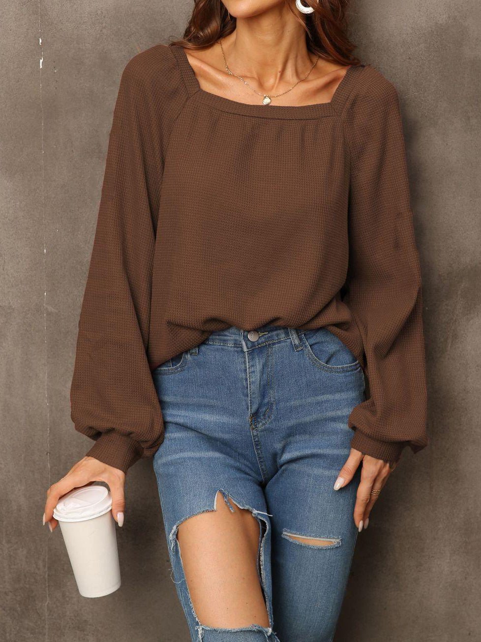 Women's Blouses Solid Square Neck Long Sleeve Blouse - Blouses - Instastyled | Online Fashion Free Shipping Clothing, Dresses, Tops, Shoes - 23/08/2022 - 30-40 - BLO2208231842