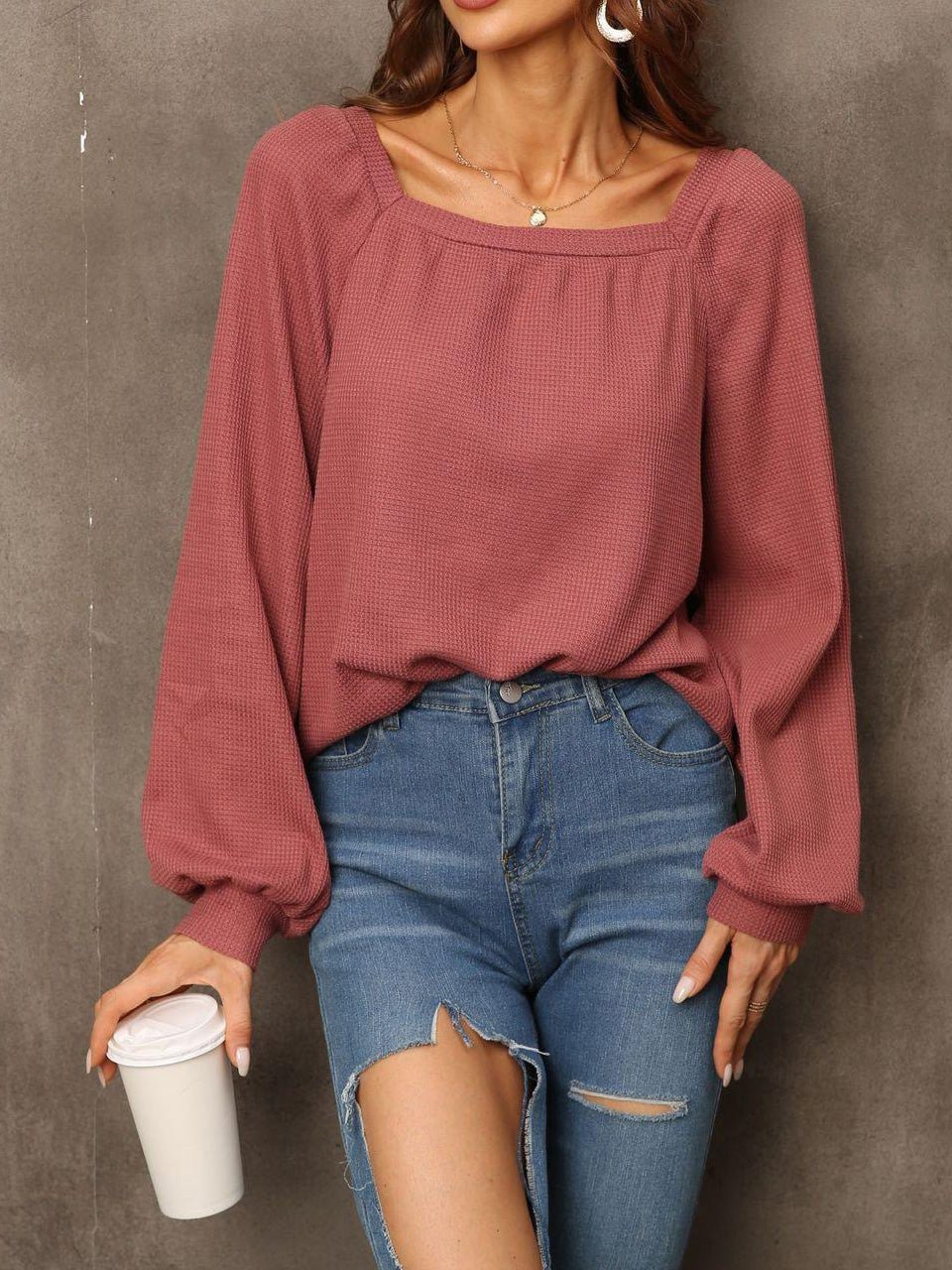 Women's Blouses Solid Square Neck Long Sleeve Blouse - Blouses - Instastyled | Online Fashion Free Shipping Clothing, Dresses, Tops, Shoes - 23/08/2022 - 30-40 - BLO2208231842