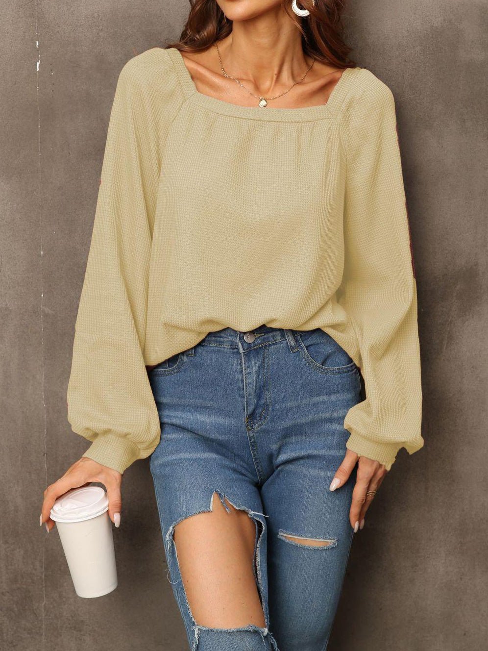 Women's Blouses Solid Square Neck Long Sleeve Blouse - Blouses - Instastyled | Online Fashion Free Shipping Clothing, Dresses, Tops, Shoes - 23/08/2022 - 30-40 - BLO2208231842