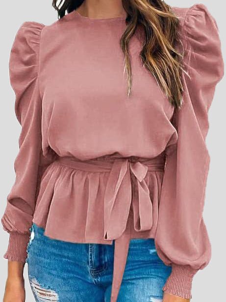 Women's Blouses Solid Tie Puff Long Sleeve Blouse - Blouses - Instastyled | Online Fashion Free Shipping Clothing, Dresses, Tops, Shoes - 08/09/2022 - BLO2209081864 - Blouses