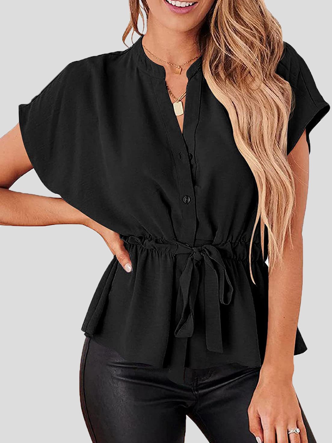 Women's Blouses Solid V-Neck Button Belted Blouse - Blouses - Instastyled | Online Fashion Free Shipping Clothing, Dresses, Tops, Shoes - 25/02/2022 - 30-40 - BLO2202251599