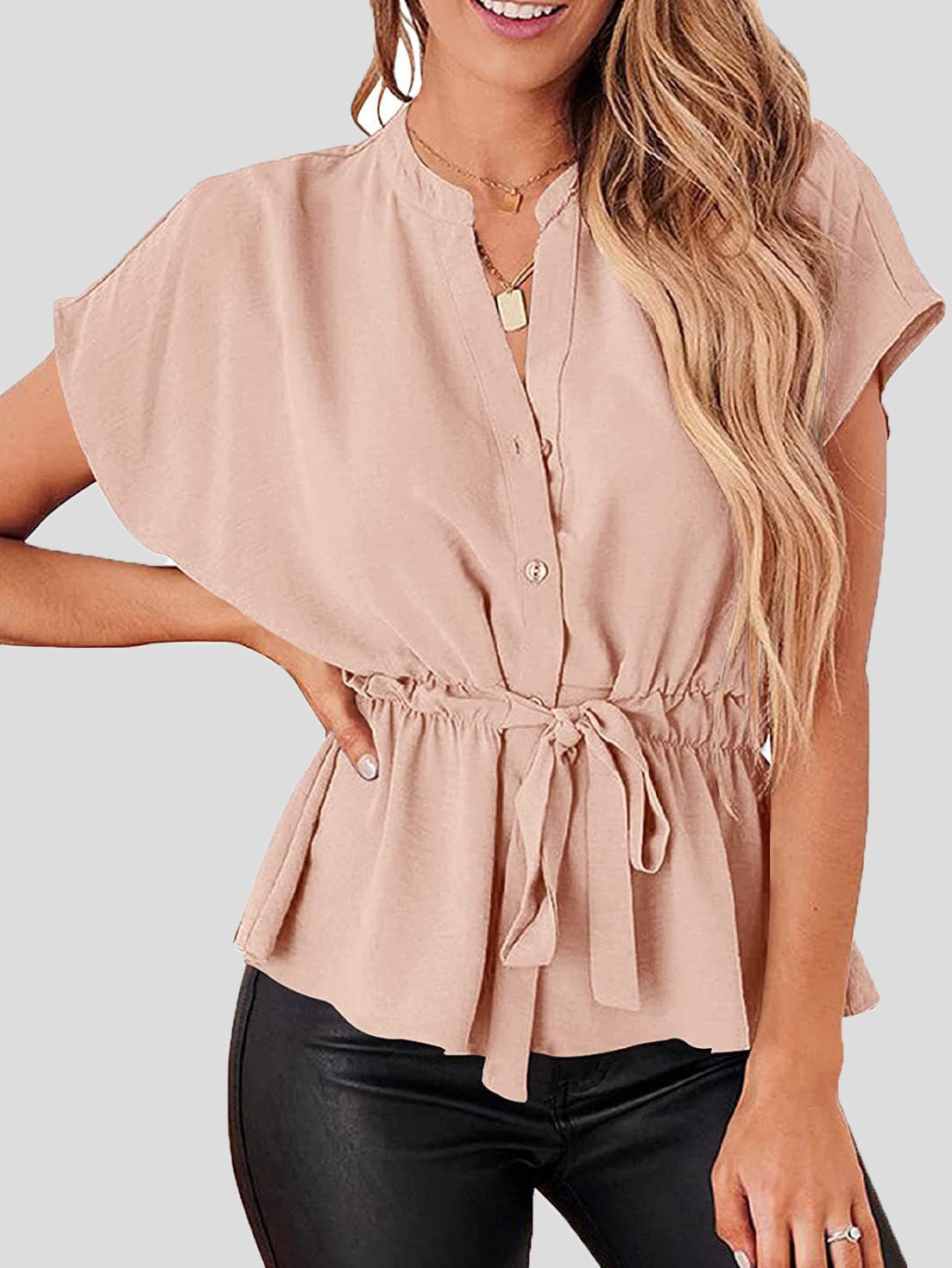 Women's Blouses Solid V-Neck Button Belted Blouse - Blouses - Instastyled | Online Fashion Free Shipping Clothing, Dresses, Tops, Shoes - 25/02/2022 - 30-40 - BLO2202251599