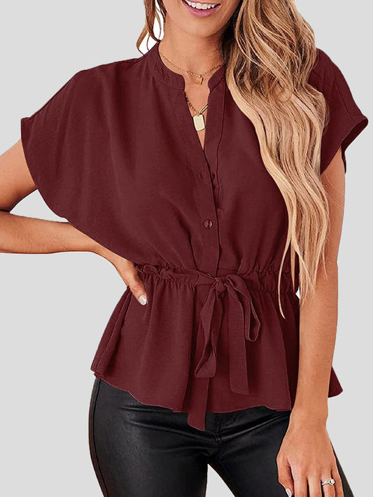 Women's Blouses Solid V-Neck Button Belted Blouse - Blouses - Instastyled | Online Fashion Free Shipping Clothing, Dresses, Tops, Shoes - 25/02/2022 - 30-40 - BLO2202251599