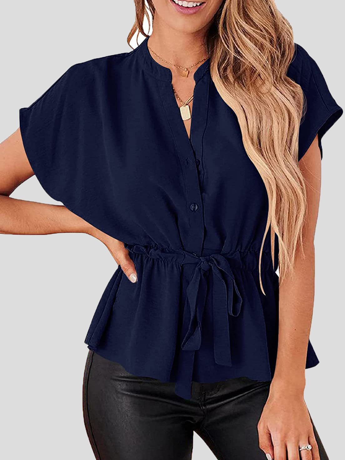 Women's Blouses Solid V-Neck Button Belted Blouse - Blouses - Instastyled | Online Fashion Free Shipping Clothing, Dresses, Tops, Shoes - 25/02/2022 - 30-40 - BLO2202251599