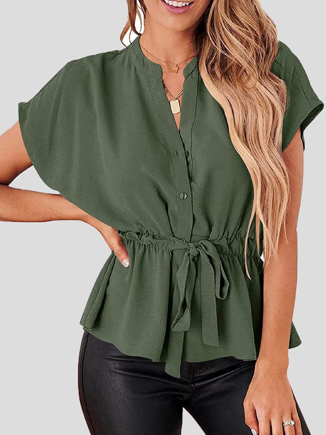 Women's Blouses Solid V-Neck Button Belted Blouse - Blouses - Instastyled | Online Fashion Free Shipping Clothing, Dresses, Tops, Shoes - 25/02/2022 - 30-40 - BLO2202251599