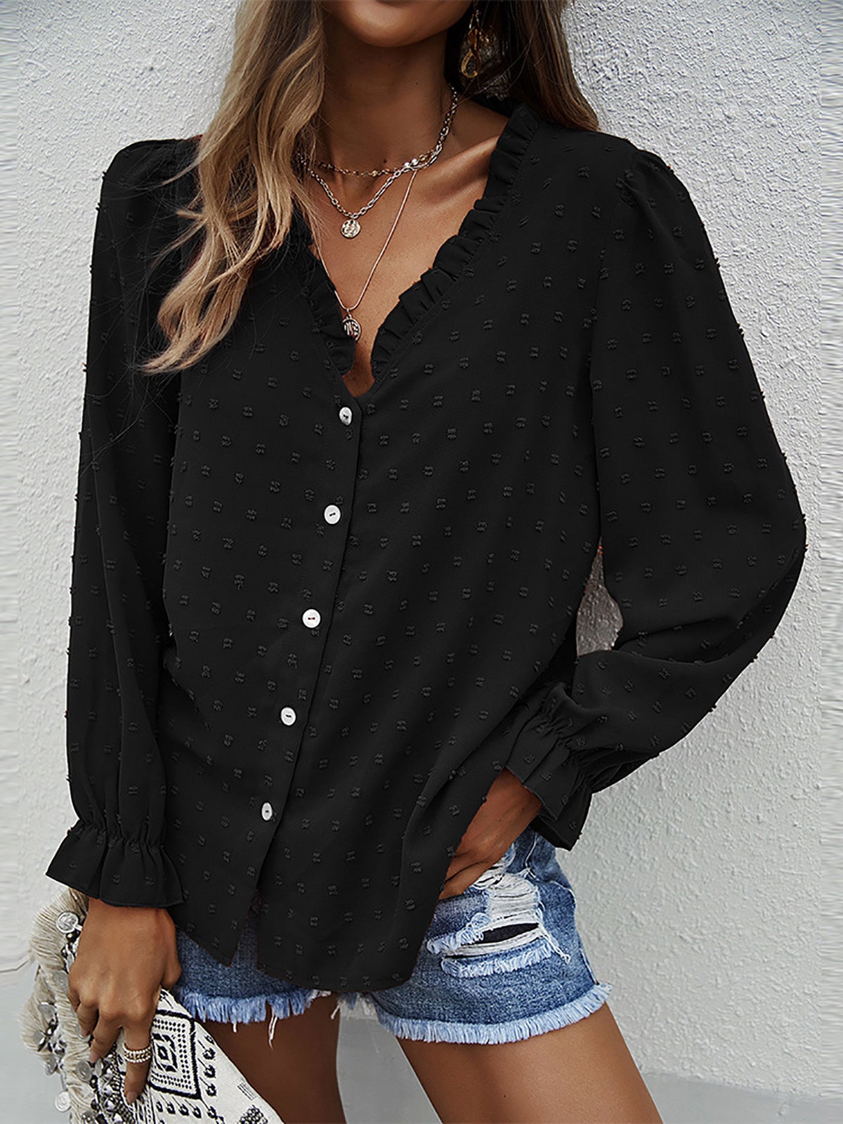 Women's Blouses Solid V-Neck Button Jacquard Long Sleeve Blouse - Blouses - Instastyled | Online Fashion Free Shipping Clothing, Dresses, Tops, Shoes - 20/01/2022 - 30-40 - BLO2201201557