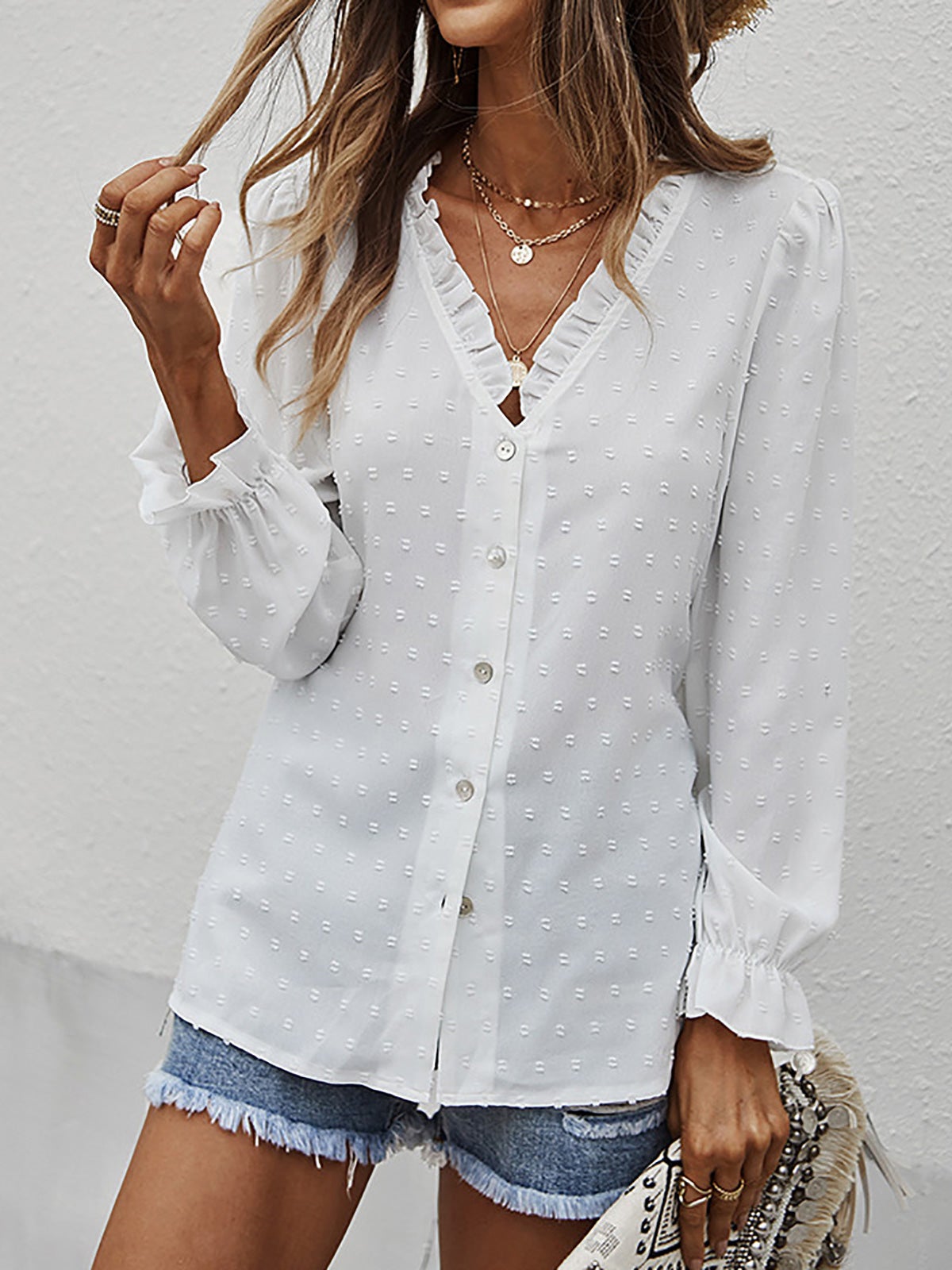 Women's Blouses Solid V-Neck Button Jacquard Long Sleeve Blouse - Blouses - Instastyled | Online Fashion Free Shipping Clothing, Dresses, Tops, Shoes - 20/01/2022 - 30-40 - BLO2201201557