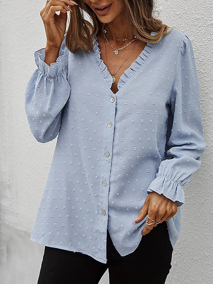 Women's Blouses Solid V-Neck Button Jacquard Long Sleeve Blouse - Blouses - Instastyled | Online Fashion Free Shipping Clothing, Dresses, Tops, Shoes - 20/01/2022 - 30-40 - BLO2201201557