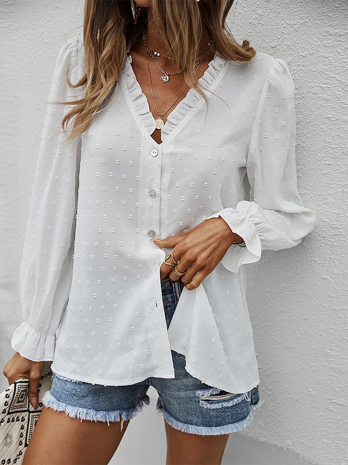 Women's Blouses Solid V-Neck Button Jacquard Long Sleeve Blouse - Blouses - Instastyled | Online Fashion Free Shipping Clothing, Dresses, Tops, Shoes - 20/01/2022 - 30-40 - BLO2201201557