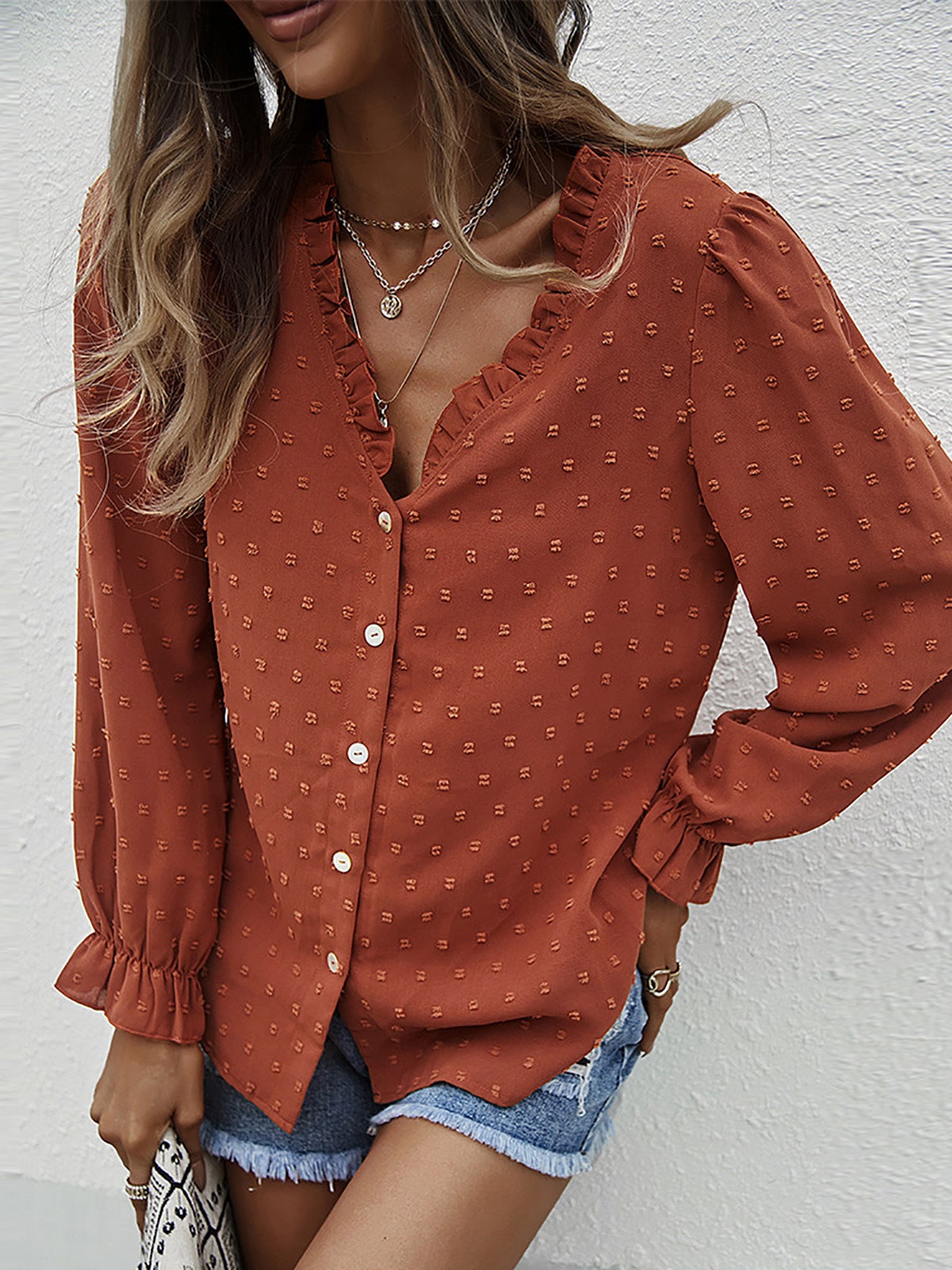 Women's Blouses Solid V-Neck Button Jacquard Long Sleeve Blouse - Blouses - Instastyled | Online Fashion Free Shipping Clothing, Dresses, Tops, Shoes - 20/01/2022 - 30-40 - BLO2201201557