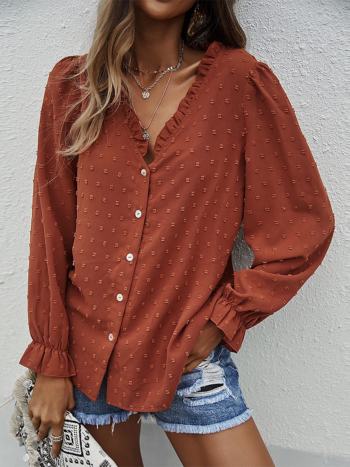 Women's Blouses Solid V-Neck Button Jacquard Long Sleeve Blouse - Blouses - Instastyled | Online Fashion Free Shipping Clothing, Dresses, Tops, Shoes - 20/01/2022 - 30-40 - BLO2201201557