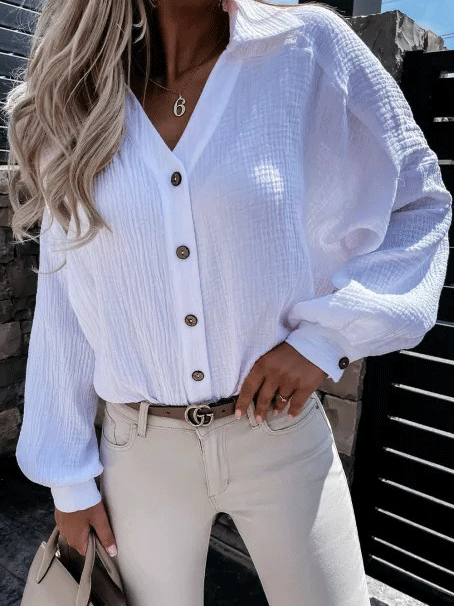 Women's Blouses Solid V-Neck Button Lantern Sleeve Blouse - Blouses - INS | Online Fashion Free Shipping Clothing, Dresses, Tops, Shoes - 20-30 - 21/10/2021 - BLO2110211374