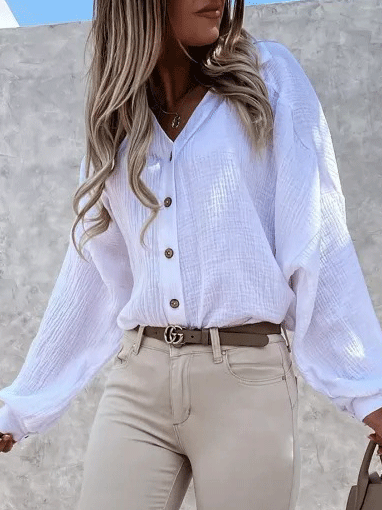 Women's Blouses Solid V-Neck Button Lantern Sleeve Blouse - Blouses - INS | Online Fashion Free Shipping Clothing, Dresses, Tops, Shoes - 20-30 - 21/10/2021 - BLO2110211374