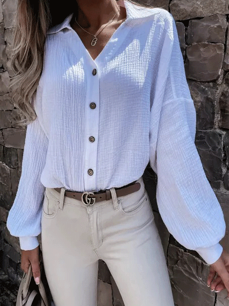 Women's Blouses Solid V-Neck Button Lantern Sleeve Blouse - Blouses - INS | Online Fashion Free Shipping Clothing, Dresses, Tops, Shoes - 20-30 - 21/10/2021 - BLO2110211374