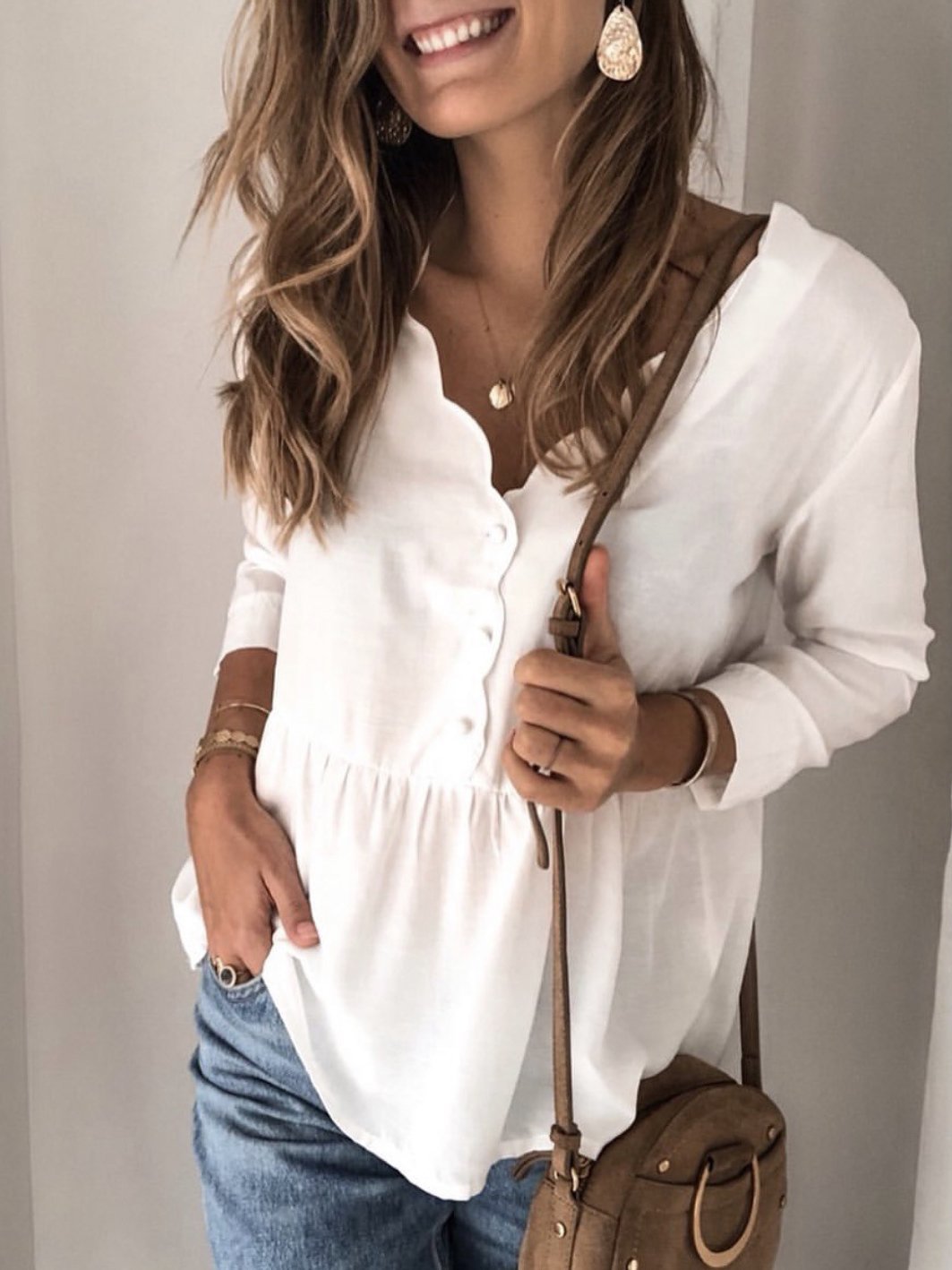 Women's Blouses Solid V-Neck Button Long Sleeve Blouse - Blouses - INS | Online Fashion Free Shipping Clothing, Dresses, Tops, Shoes - 10-20 - 12/11/2021 - BLO2111121427