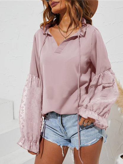 Women's Blouses Solid V-Neck Jacquard Long Sleeve Blouse - Blouses - INS | Online Fashion Free Shipping Clothing, Dresses, Tops, Shoes - 06/11/2021 - 20-30 - BLO2111061416