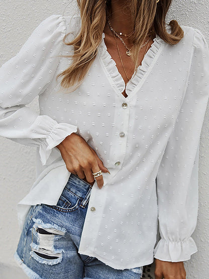 Women's Blouses Solid V-Neck Jacquard Long Sleeve Blouse - Blouses - Instastyled | Online Fashion Free Shipping Clothing, Dresses, Tops, Shoes - 23/02/2022 - 30-40 - Blouses