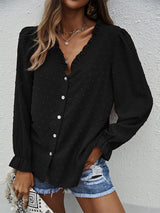 Women's Blouses Solid V-Neck Jacquard Long Sleeve Blouse - Blouses - Instastyled | Online Fashion Free Shipping Clothing, Dresses, Tops, Shoes - 23/02/2022 - 30-40 - Blouses