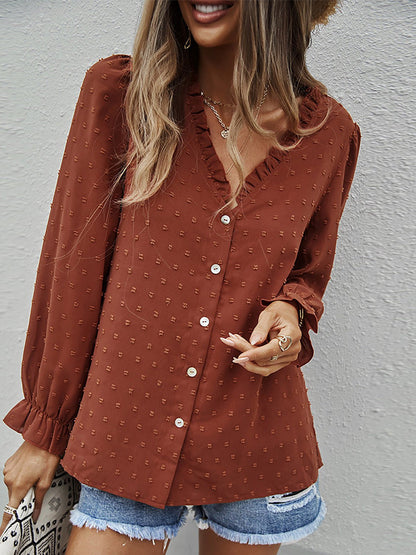 Women's Blouses Solid V-Neck Jacquard Long Sleeve Blouse - Blouses - Instastyled | Online Fashion Free Shipping Clothing, Dresses, Tops, Shoes - 23/02/2022 - 30-40 - Blouses