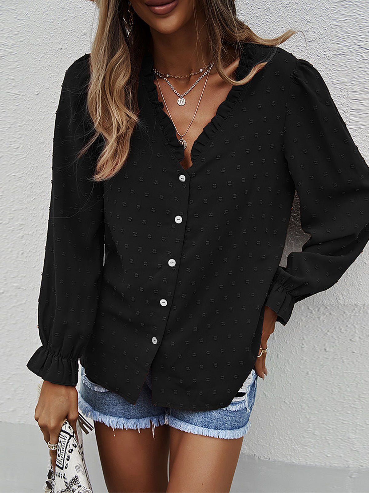 Women's Blouses Solid V-Neck Jacquard Long Sleeve Blouse - Blouses - Instastyled | Online Fashion Free Shipping Clothing, Dresses, Tops, Shoes - 23/02/2022 - 30-40 - Blouses