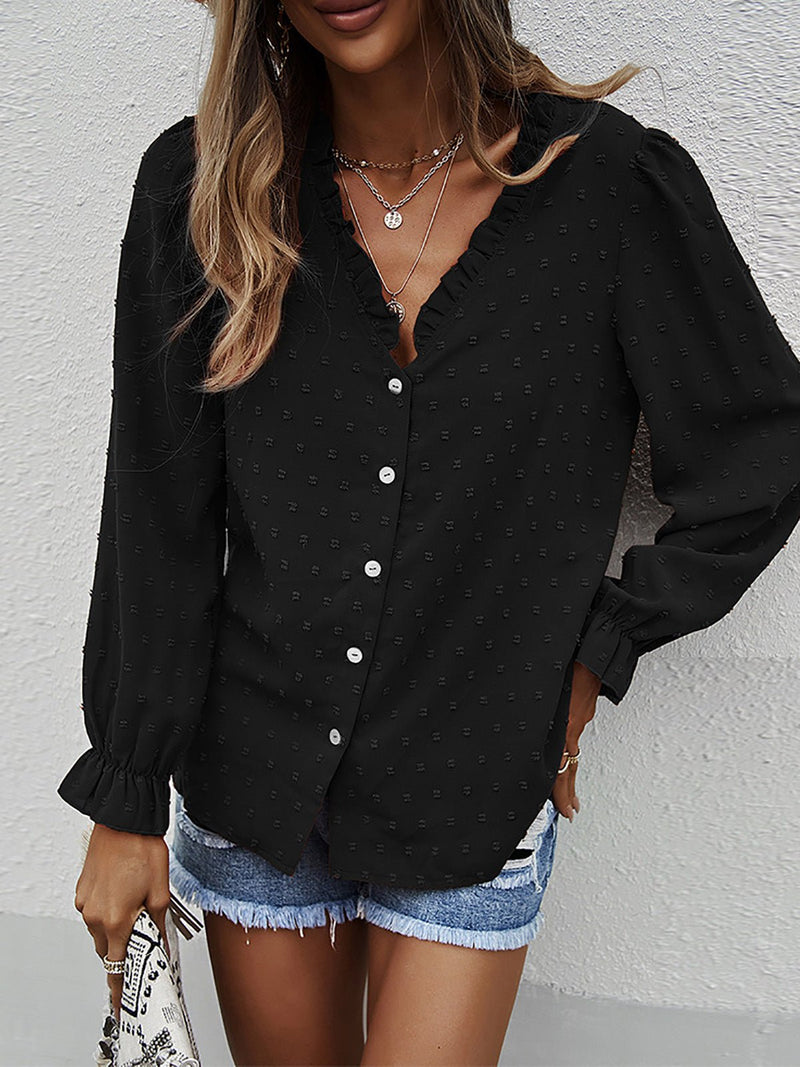 Women's Blouses Solid V-Neck Jacquard Long Sleeve Blouse - Blouses - Instastyled | Online Fashion Free Shipping Clothing, Dresses, Tops, Shoes - 23/02/2022 - 30-40 - Blouses