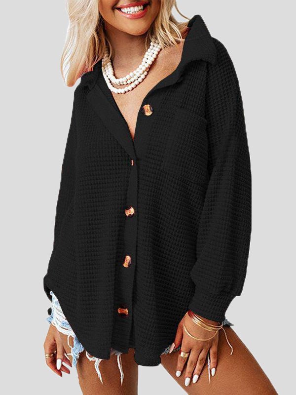 Women's Blouses Solid Waffle Button Long Sleeve Blouse - Blouses - Instastyled | Online Fashion Free Shipping Clothing, Dresses, Tops, Shoes - 17/08/2022 - 30-40 - BLO2208171833