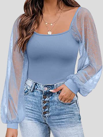 Women's Blouses Square Neck Mesh Panel Balloon Sleeves Blouse - Blouses - Instastyled | Online Fashion Free Shipping Clothing, Dresses, Tops, Shoes - 29/04/2022 - 30-40 - BLO2204291687