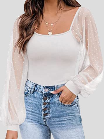 Women's Blouses Square Neck Mesh Panel Balloon Sleeves Blouse - Blouses - Instastyled | Online Fashion Free Shipping Clothing, Dresses, Tops, Shoes - 29/04/2022 - 30-40 - BLO2204291687