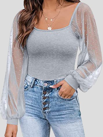 Women's Blouses Square Neck Mesh Panel Balloon Sleeves Blouse - Blouses - Instastyled | Online Fashion Free Shipping Clothing, Dresses, Tops, Shoes - 29/04/2022 - 30-40 - BLO2204291687