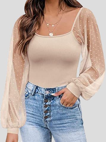 Women's Blouses Square Neck Mesh Panel Balloon Sleeves Blouse - Blouses - Instastyled | Online Fashion Free Shipping Clothing, Dresses, Tops, Shoes - 29/04/2022 - 30-40 - BLO2204291687