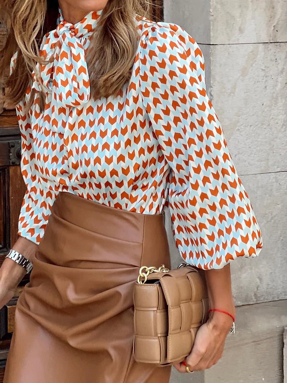 Women's Blouses Stand Collar Tie Print Balloon Sleeves Blouse - Blouses - Instastyled | Online Fashion Free Shipping Clothing, Dresses, Tops, Shoes - 11/08/2022 - 30-40 - BLO2208111825