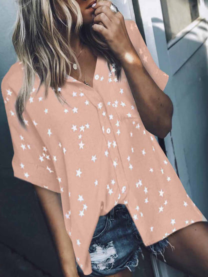 Women's Blouses Star Print V-Neck Breasted Doll Sleeve Blouse - Blouses - Instastyled | Online Fashion Free Shipping Clothing, Dresses, Tops, Shoes - 03/03/2022 - 30-40 - BLO2203031610