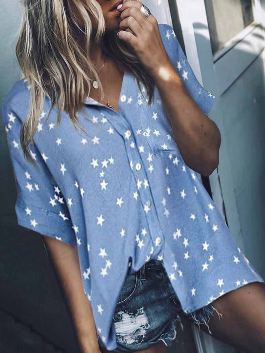 Women's Blouses Star Print V-Neck Breasted Doll Sleeve Blouse - Blouses - Instastyled | Online Fashion Free Shipping Clothing, Dresses, Tops, Shoes - 03/03/2022 - 30-40 - BLO2203031610