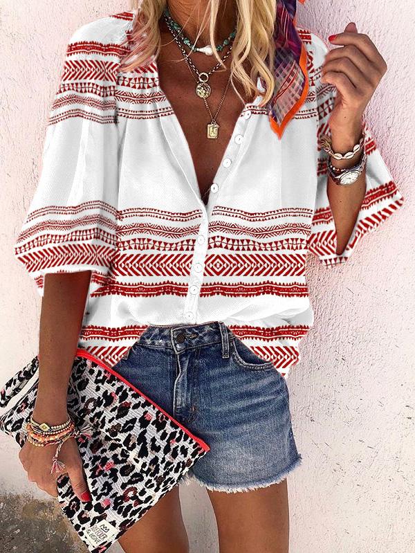 Women's Blouses Striped Print Button Middle Sleeve Blouse - Blouses - INS | Online Fashion Free Shipping Clothing, Dresses, Tops, Shoes - 20-30 - 26/09/2021 - BLO2109261345